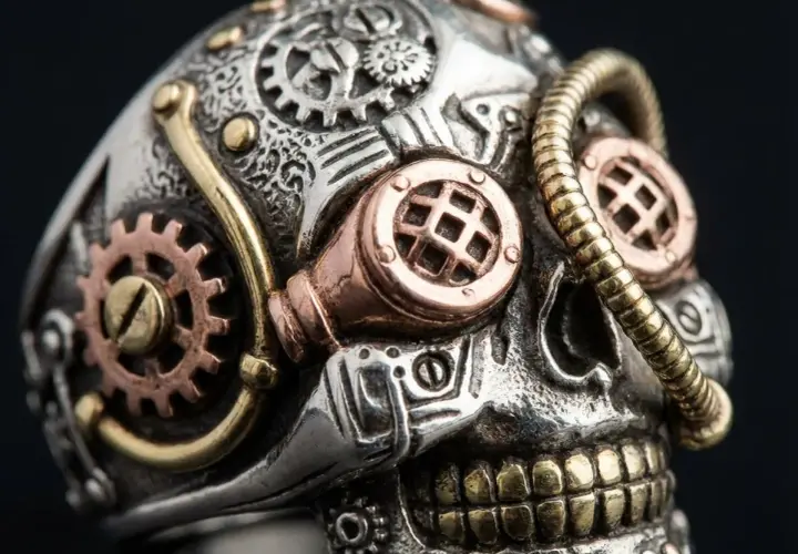 Metalowa czaszka w stylu steampunk, ozdobiona zębatkami, miedzianymi okularami i złotymi elementami.