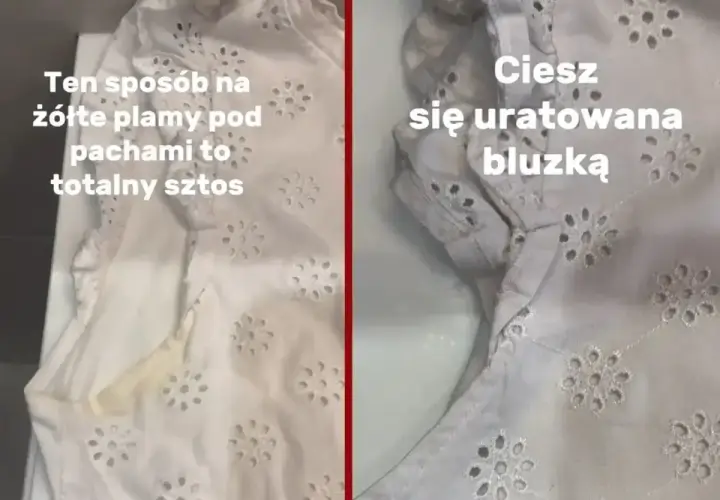 Biała bluzka z haftem, po lewej widać żółte plamy pod pachami, po prawej czysta. Ten sposób na jak odplamić białą bluzkę to hit!