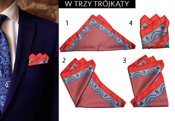 Elegancka poszetka w granatowej marynarce. Obok cztery sposoby jej składania w trójkąty.