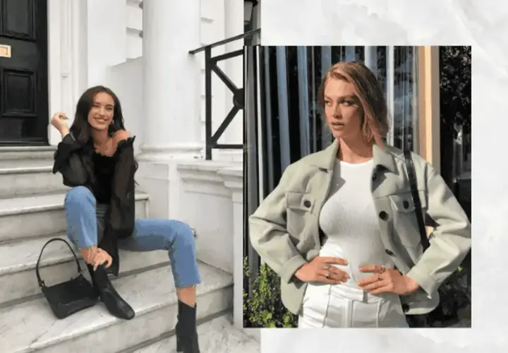 Dwie kobiety prezentują stylowe stylizacje do kina: jedna w czarnej bluzce i jeansach, druga w jasnej kurtce i białym topie.