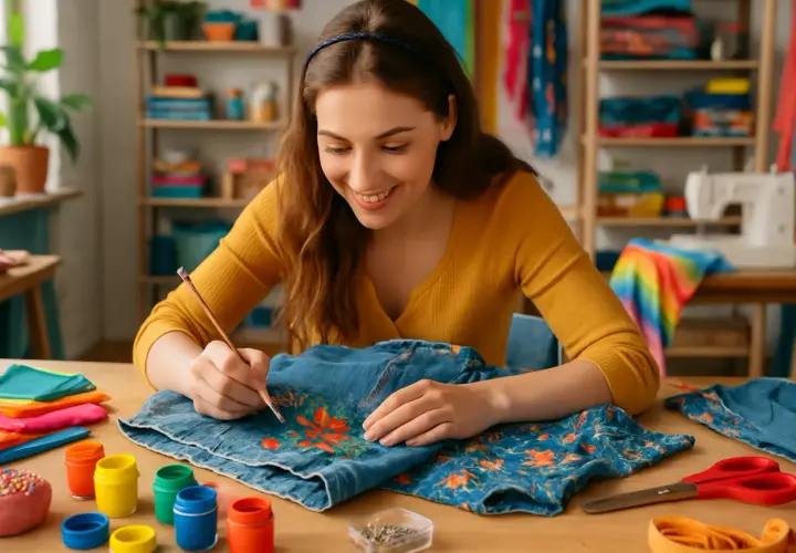 Kobieta maluje pędzlem wzory na jeansie.
