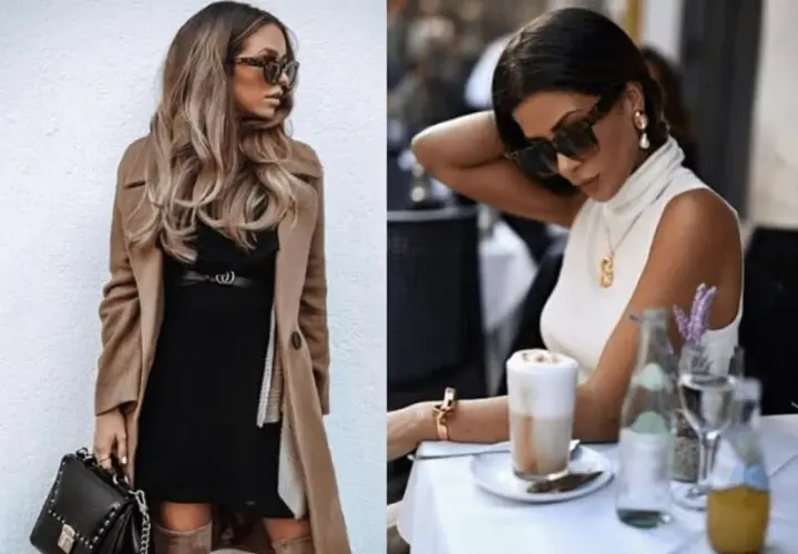 Eleganckie stylizacje na wyjście do pubu: czarna sukienka z beżowym płaszczem i torebką, biały golf z naszyjnikiem i okularami.