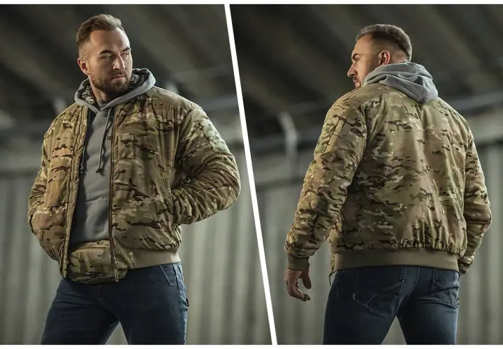 Mężczyzna w kurtce w kamuflażu, styl militarny, z torbą na biodrach.