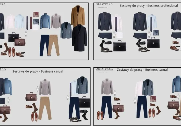 Męski strój business casual: marynarki, koszule, swetry, spodnie, buty, torby i akcesoria. Idealne zestawy do pracy.