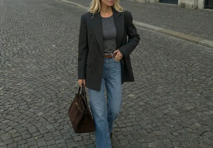Elegancka kobieta w szarym longsleeve, jeansach i marynarce idzie po bruku, niosąc brązową torebkę.