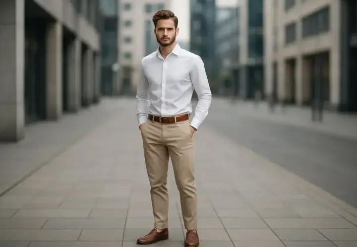 Elegancki mężczyzna w białej koszuli i jasnych spodniach, idealny przykład, jaka koszula do jasnych spodni pasuje na co dzień i do pracy.