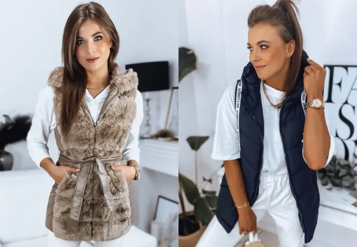 Dwie kobiety prezentują stylowe stylizacje z kamizelką pikowaną. Jedna w beżowej, futrzanej, druga w granatowej, pikowanej.