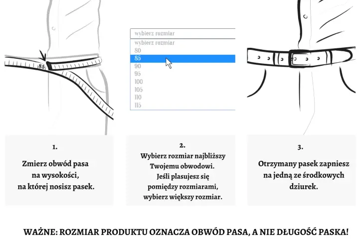 Pasek 110 cm jaki to rozmiar? Ilustracja pokazuje, jak zmierzyć obwód pasa i wybrać odpowiedni rozmiar paska.