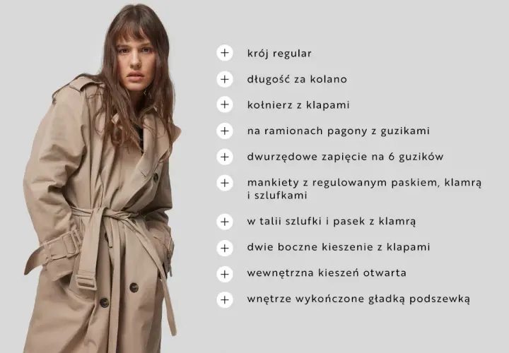Modelka prezentuje beżowy trencz z paskiem w talii. Dowiedz się, jak nosić trencz, by wyglądać stylowo.