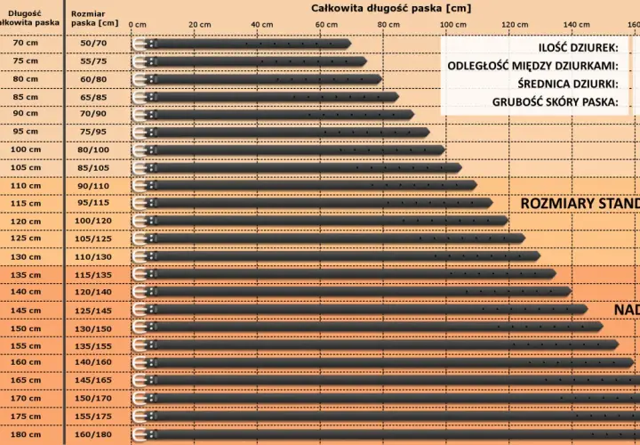 Tabela rozmiarów pasków. Obwód w pasie 100 cm to rozmiar spodni 100/120 cm.