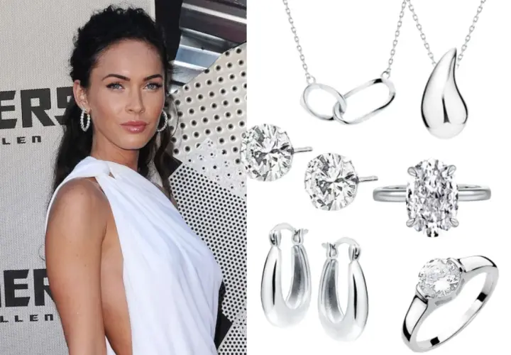 Megan Fox w białej sukni obok kolekcji biżuterii. Wybór należy do Ciebie: złoto czy srebro?