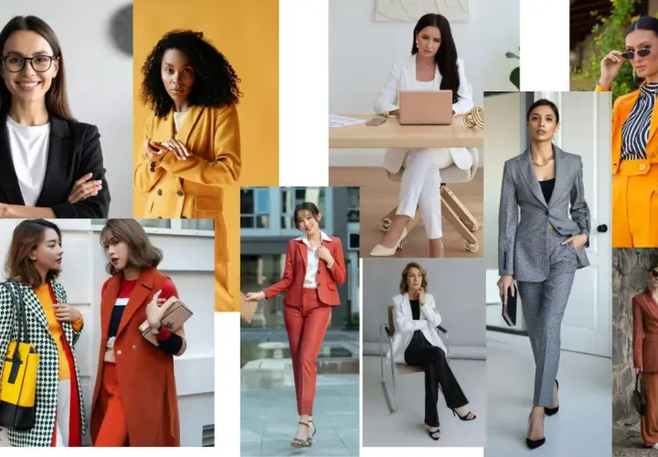 Kobiety w eleganckich stylizacjach biznesowych: garnitury, marynarki, spodnie. Różne kolory i wzory, inspiracje do **business dress code**.
