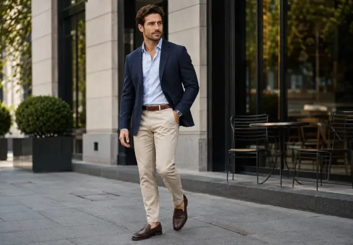 Mężczyzna w granatowej marynarce i beżowych spodniach, prezentujący styl smart casual, idzie chodnikiem przed kawiarnią.