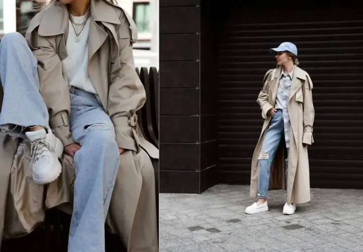 Inspiracja na co dzień: jak się ubierać w beżowy prochowiec, jeansy i sneakersy. Casualowy szyk.