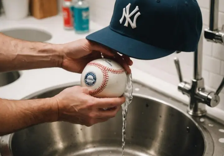 Ręce płuczą piłkę baseballową pod bieżącą wodą, przygotowując się do tego, jak wyprać czapkę z daszkiem.