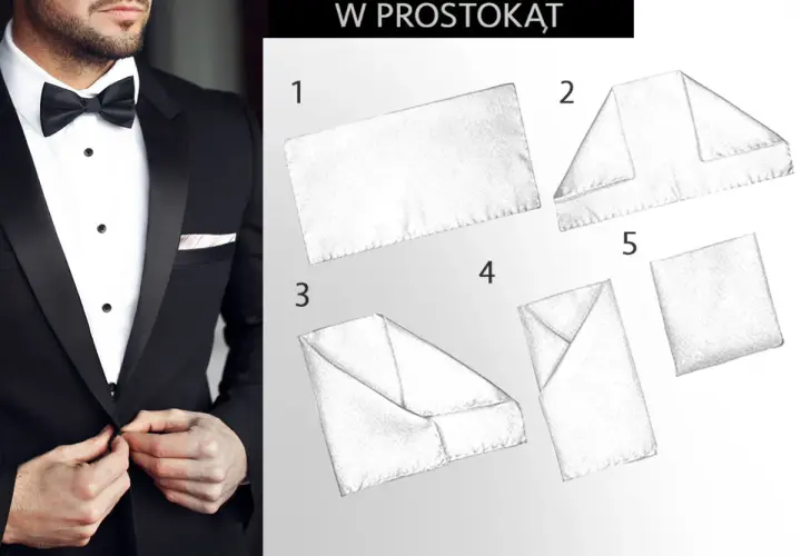 Elegancki mężczyzna w czarnej marynarce z poszetką. Obok instrukcja składania poszetki w prostokąt.