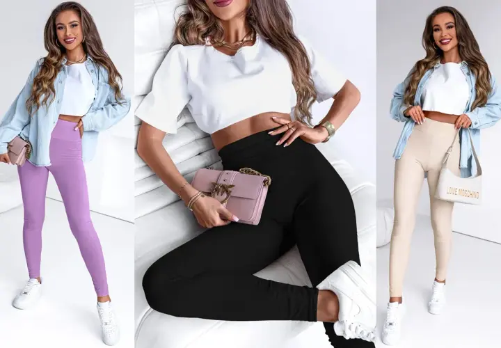 Trzy kobiety prezentują stylizacje z legginsami: fioletowymi, czarnymi i beżowymi. Jaka bluzka do legginsów? Krótki biały top lub jeansowa koszula.