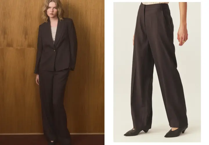 Eleganckie stylizacje wieczorowe ze spodniami: ciemny garnitur damski i szerokie spodnie z wysokim stanem.