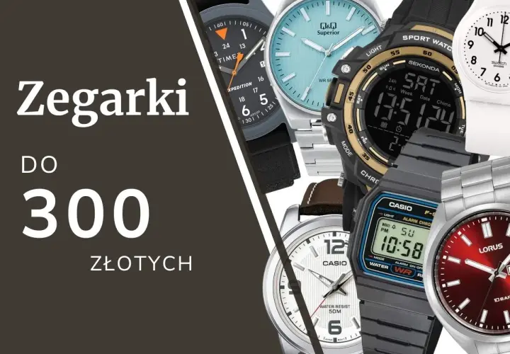 Kolaż męskich zegarków w różnych stylach i kolorach, z napisem "Zegarki do 300 złotych".