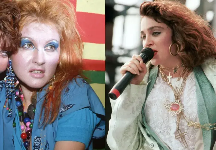Ikony stylu lat 80.: Cyndi Lauper z kolorowym makijażem i Madonna z krzyżykami na szyi.