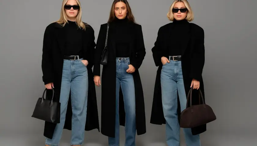 Trzy kobiety prezentują stylowe stylizacje z jeansami, czarne płaszcze i golfy tworzą elegancki kontrast.
