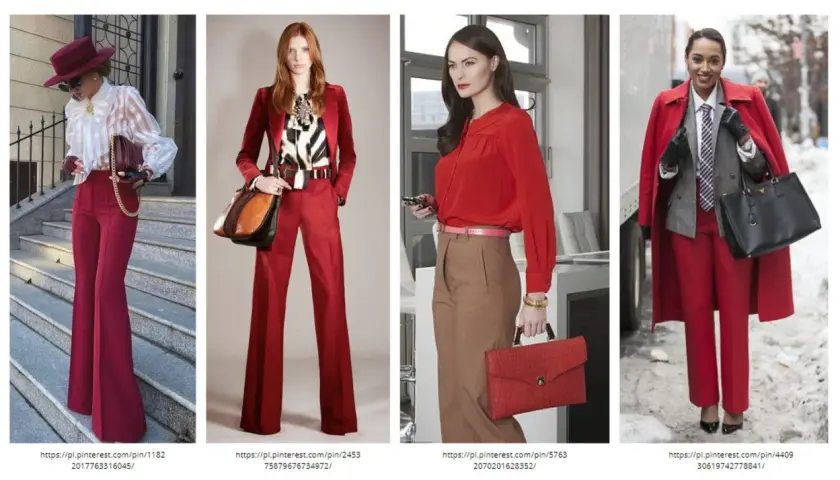 Eleganckie kobiety w stylizacjach z dominującym **kolorem bordowym** i czerwonym. Spodnie, marynarki i płaszcze tworzą modne zestawy.