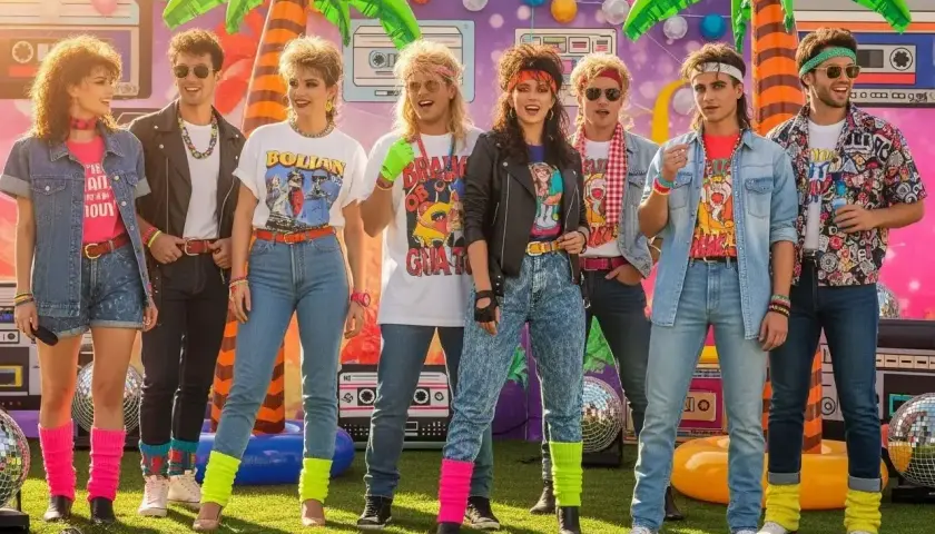 Grupa młodych ludzi w neonowych kolorach i z burzą włosów, uosabiająca styl rockowy lat 80.