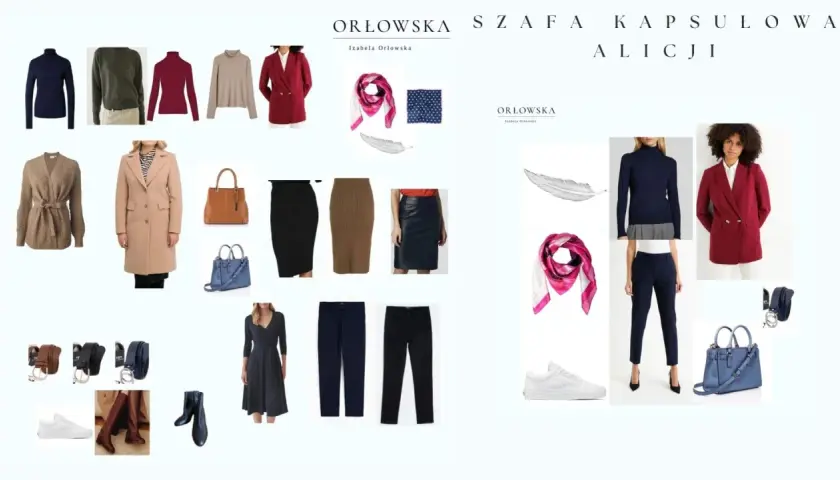 Kolekcja Orłowska Szafa Kapsułowa: płaszcz, marynarki, swetry, spódnice, spodnie, sukienka, torebki, buty i akcesoria. Różne nazwy stylów ubioru.