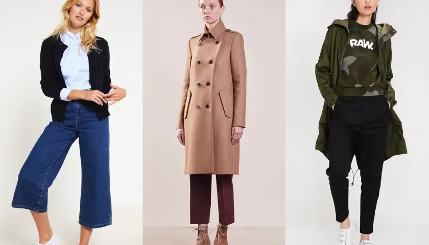 Trzy kobiety prezentują styl normcore: jedna w kardiganie i dzwonach, druga w beżowym płaszczu, trzecia w parkze i czarnych spodniach.