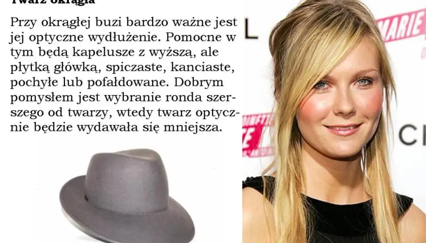 Jaki kapelusz do okrągłej twarzy? Wybierz ten z wyższą główką i szerokim rondem, by optycznie wysmuklić buzię.