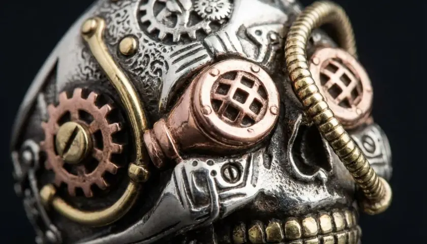 Metalowa czaszka w stylu steampunk, ozdobiona zębatkami, miedzianymi okularami i złotymi elementami.