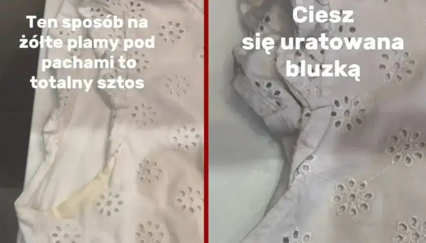 Biała bluzka z haftem, po lewej widać żółte plamy pod pachami, po prawej czysta. Ten sposób na jak odplamić białą bluzkę to hit!
