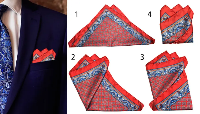 Elegancka poszetka w granatowej marynarce. Obok cztery sposoby jej składania w trójkąty.