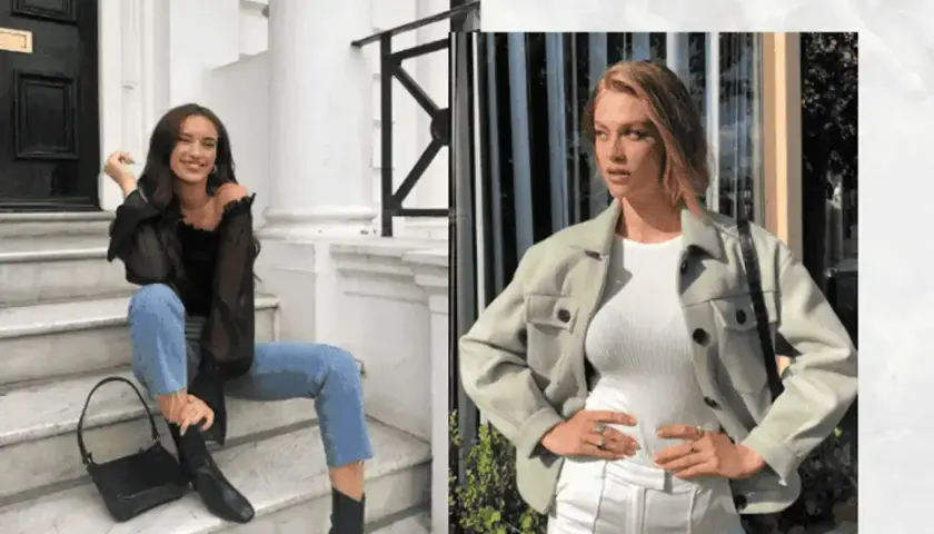 Dwie kobiety prezentują stylowe stylizacje do kina: jedna w czarnej bluzce i jeansach, druga w jasnej kurtce i białym topie.