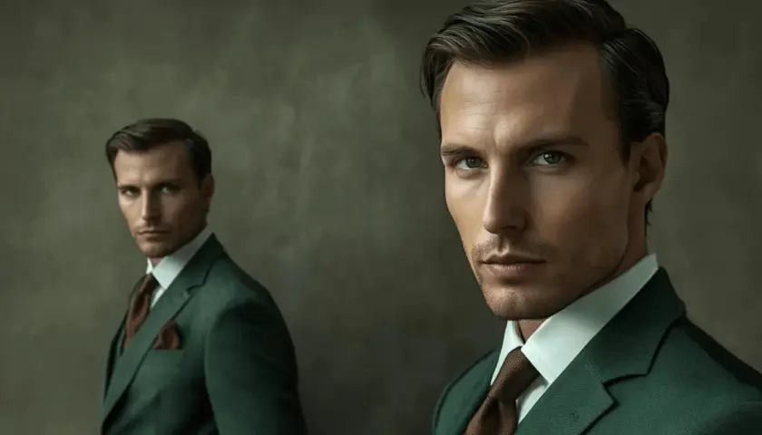 Elegancki mężczyzna w zielonym garniturze i brązowym krawacie. Idealna inspiracja, jaki krawat do zielonego garnituru.