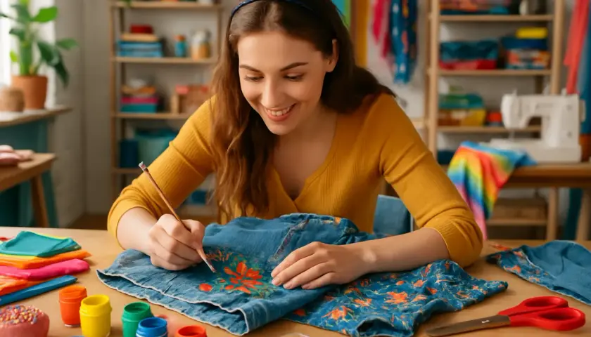 Kobieta maluje pędzlem wzory na jeansie.