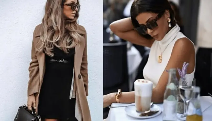 Eleganckie stylizacje na wyjście do pubu: czarna sukienka z beżowym płaszczem i torebką, biały golf z naszyjnikiem i okularami.