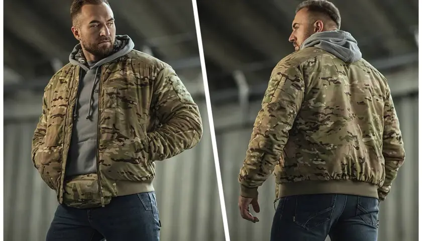 Mężczyzna w kurtce w kamuflażu, styl militarny, z torbą na biodrach.