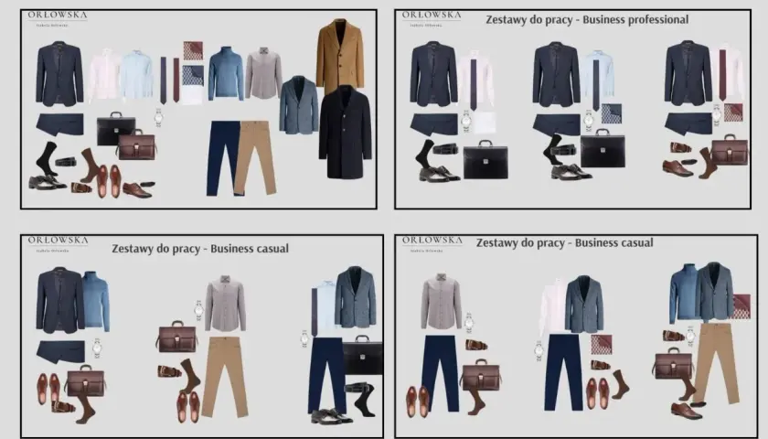Męski strój business casual: marynarki, koszule, swetry, spodnie, buty, torby i akcesoria. Idealne zestawy do pracy.