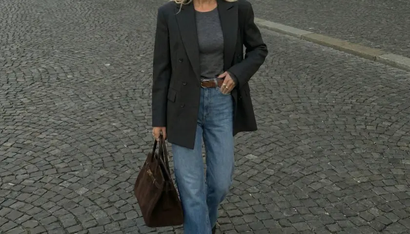Elegancka kobieta w szarym longsleeve, jeansach i marynarce idzie po bruku, niosąc brązową torebkę.