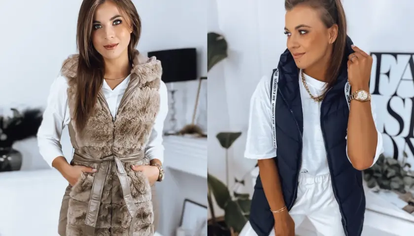 Dwie kobiety prezentują stylowe stylizacje z kamizelką pikowaną. Jedna w beżowej, futrzanej, druga w granatowej, pikowanej.