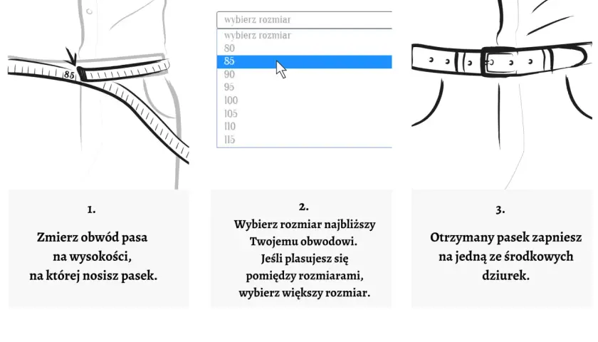 Pasek 110 cm jaki to rozmiar? Ilustracja pokazuje, jak zmierzyć obwód pasa i wybrać odpowiedni rozmiar paska.