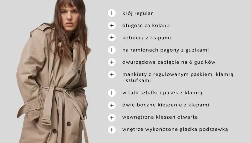 Modelka prezentuje beżowy trencz z paskiem w talii. Dowiedz się, jak nosić trencz, by wyglądać stylowo.