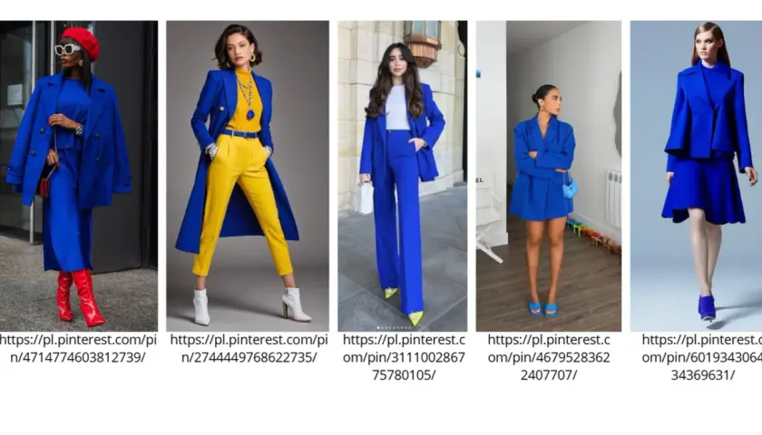 Stylizacje w odcieniach kobaltowy i chabrowy. Eleganckie garnitury i płaszcze w intensywnych niebieskich barwach.