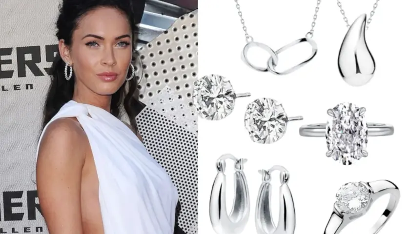 Megan Fox w białej sukni obok kolekcji biżuterii. Wybór należy do Ciebie: złoto czy srebro?