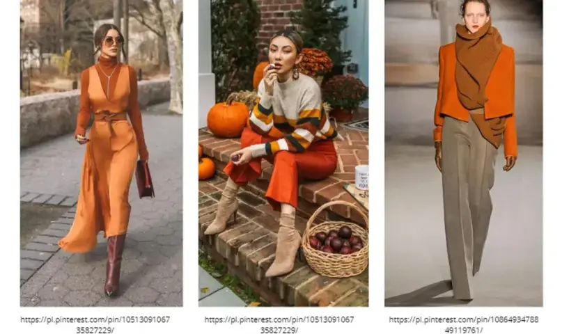 Jesienna moda w odcieniach pomarańczu i brązu. Jedna z modelek prezentuje sukienkę w kolorze kanarkowym, druga siedzi na schodach w swetrze w paski i pomarańczowych spodniach.