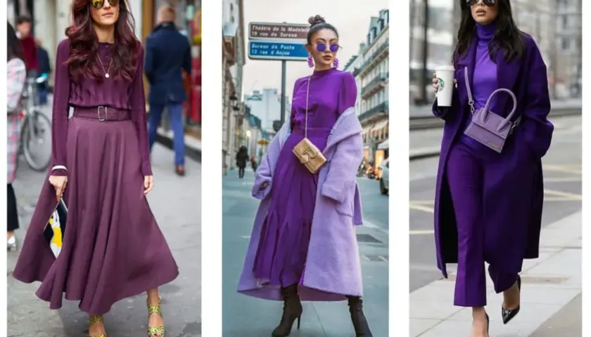 Trzy kobiety w stylizacjach dominujących barw fioletowych. Eleganckie sukienki, płaszcze i spodnie tworzą modny, monochromatyczny look.