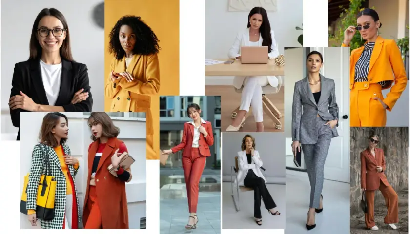 Kobiety w eleganckich stylizacjach biznesowych: garnitury, marynarki, spodnie. Różne kolory i wzory, inspiracje do **business dress code**.