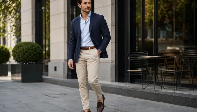 Mężczyzna w granatowej marynarce i beżowych spodniach, prezentujący styl smart casual, idzie chodnikiem przed kawiarnią.