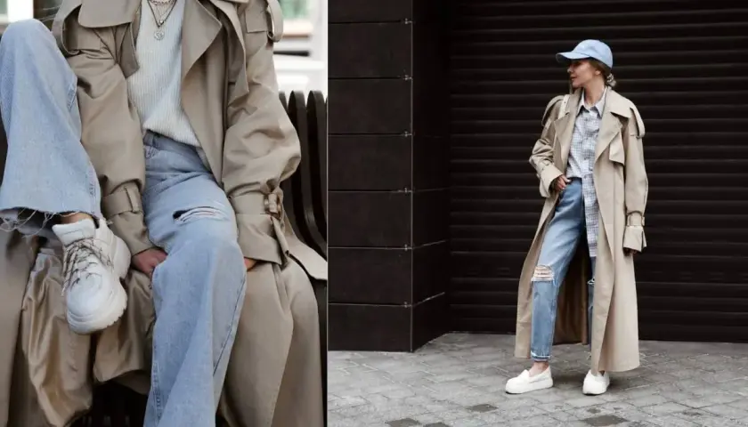 Inspiracja na co dzień: jak się ubierać w beżowy prochowiec, jeansy i sneakersy. Casualowy szyk.